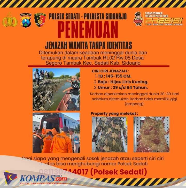 Polsek Sedati Temukan Mayat Wanita, Barang Bukti Baju Hijau Garis Kuning Diamankan